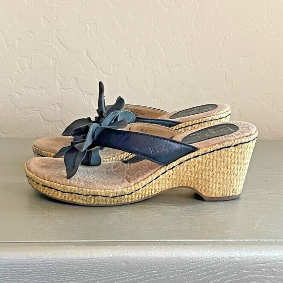 Born Concept BOC 6 Black Leather Flower Platform Wedge Thong Sandals - Picture 5 of 12